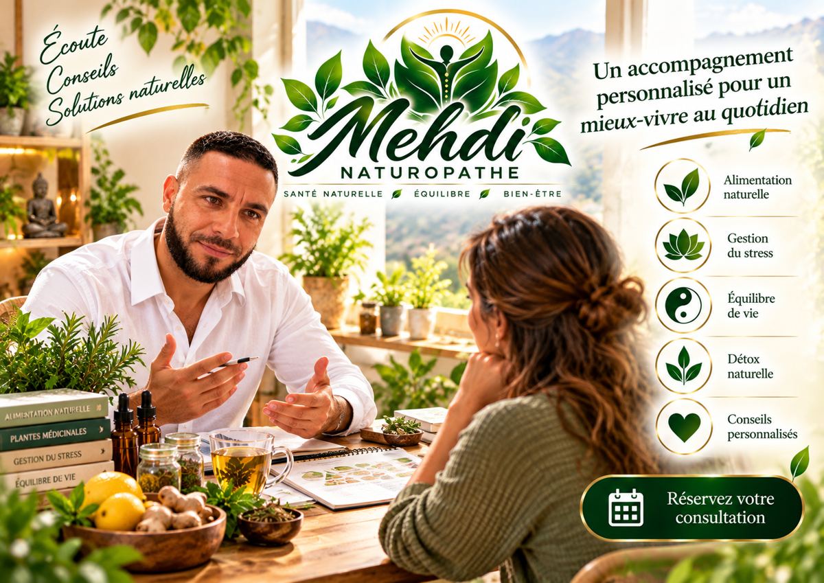 Mehdi en consultation de naturopathie avec une patiente : écoute, conseils et solutions naturelles. Réservez votre consultation